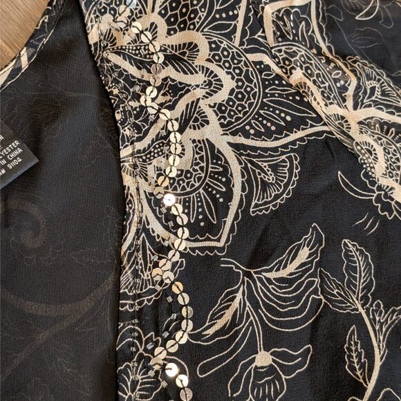New York City Design Co, Silk V Neck Sequined Blouse, Black w Tan Paisley, Sz L - Picture 6 of 8